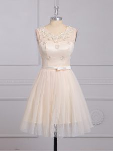 Fashionable Sleeveless Lace Up Mini Length Appliques and Belt Dama Dress for Quinceanera