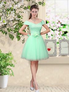 Dramatic Knee Length Apple Green Quinceanera Court of Honor Dress Tulle Cap Sleeves Belt