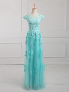 Perfect Aqua Blue Short Sleeves Floor Length Beading and Lace and Appliques Lace Up Prom Evening Gown