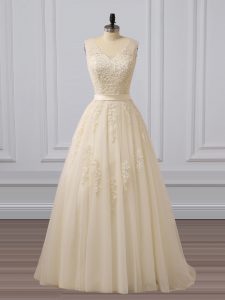 Delicate Champagne A-line Tulle V-neck Sleeveless Lace and Appliques Lace Up Homecoming Dress Brush Train