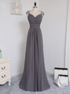 Perfect Grey Quinceanera Court of Honor Dress Chiffon Brush Train Cap Sleeves Lace and Ruching