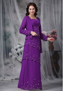 Most Popular Straps Sleeveless Prom Party Dress Floor Length Beading Purple Chiffon