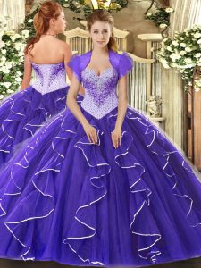 Purple Ball Gown Prom Dress Military Ball and Sweet 16 and Quinceanera with Beading Sweetheart Cap Sleeves Lace Up