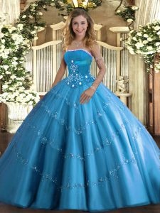 Artistic Floor Length Baby Blue 15th Birthday Dress Strapless Sleeveless Lace Up