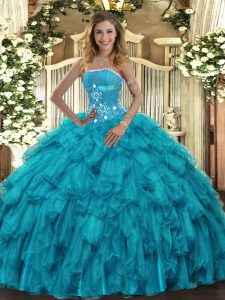 Trendy Sleeveless Floor Length Beading and Ruffles Lace Up Ball Gown Prom Dress with Teal