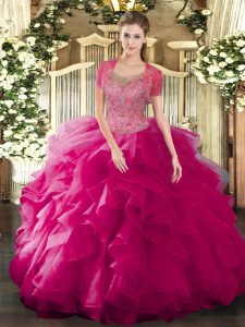 Sleeveless Tulle Floor Length Clasp Handle Quinceanera Dress in Fuchsia with Beading and Ruffled Layers