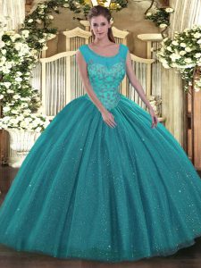 Scoop Sleeveless Tulle and Sequined Quinceanera Dress Beading Backless