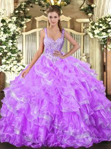 Lilac Ball Gown Prom Dress Military Ball and Sweet 16 and Quinceanera with Beading and Ruffled Layers Straps Sleeveless Lace Up