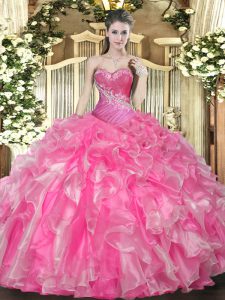 Beautiful Hot Pink Ball Gowns Organza Sweetheart Sleeveless Beading and Ruffles Floor Length Lace Up Quinceanera Dress
