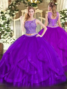 Custom Designed Two Pieces Quince Ball Gowns Purple Scoop Organza Sleeveless Floor Length Lace Up