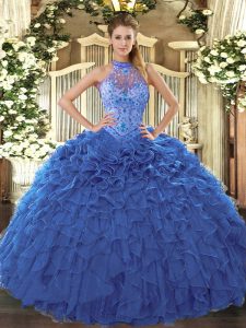 Cute Sleeveless Organza Floor Length Lace Up Quince Ball Gowns in Blue with Beading and Embroidery and Ruffles