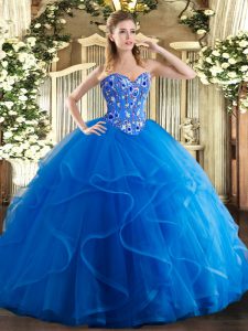Floor Length Royal Blue Quinceanera Gown Tulle Sleeveless Embroidery and Ruffles