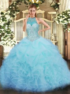 Hot Sale Aqua Blue Organza Lace Up Quinceanera Dress Sleeveless Floor Length Beading and Ruffles and Pick Ups