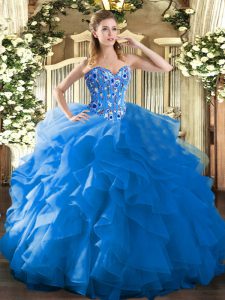 Stunning Floor Length Blue Quince Ball Gowns Organza Sleeveless Embroidery and Ruffles