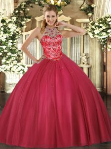 Fitting Coral Red Satin Lace Up 15 Quinceanera Dress Sleeveless Floor Length Beading