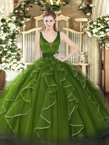 High Class Olive Green Sleeveless Beading and Ruffles Floor Length Sweet 16 Dresses