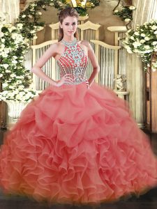 Sexy Beading 15 Quinceanera Dress Watermelon Red Lace Up Sleeveless Floor Length