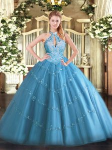 Fashionable Baby Blue Lace Up Halter Top Beading Quinceanera Gown Tulle Sleeveless