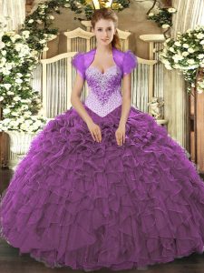 Wonderful Floor Length Lace Up Quinceanera Gown Eggplant Purple for Military Ball and Sweet 16 and Quinceanera with Beading and Ruffles