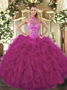 Customized Fuchsia Halter Top Lace Up Beading and Embroidery and Ruffles Quince Ball Gowns Sleeveless