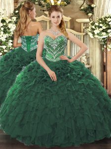 Amazing Ball Gowns Quince Ball Gowns Dark Green Sweetheart Tulle Sleeveless Floor Length Lace Up