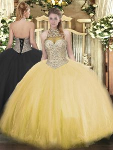 Sexy Floor Length Ball Gowns Sleeveless Gold Vestidos de Quinceanera Lace Up