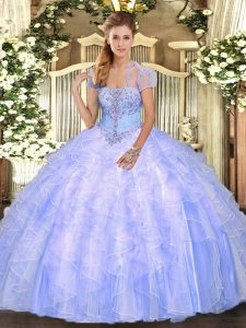 Light Blue Strapless Neckline Appliques and Ruffles Ball Gown Prom Dress Sleeveless Lace Up