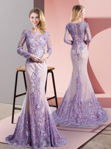 Popular Lavender Zipper Dress for Prom Beading and Appliques Long Sleeves Sweep Train