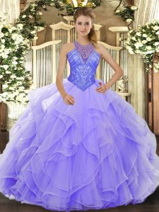 Sleeveless Floor Length Beading and Ruffles Lace Up 15th Birthday Dress with Lavender