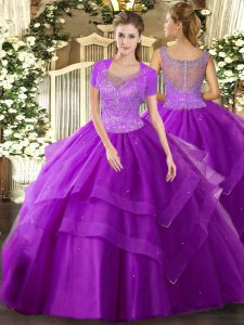 Adorable Eggplant Purple Clasp Handle Scoop Beading and Ruffles 15th Birthday Dress Tulle Sleeveless