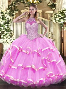 Fashionable Halter Top Sleeveless Sweet 16 Quinceanera Dress Floor Length Beading and Ruffled Layers Rose Pink Organza