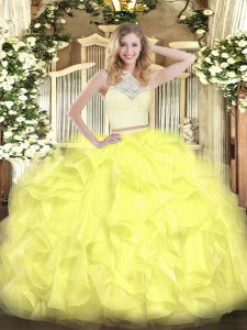 Fashion Sleeveless Floor Length Lace and Ruffles Zipper Sweet 16 Quinceanera Dress with Yellow