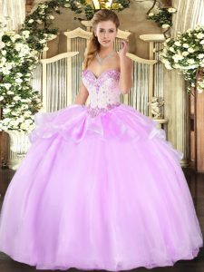 Lilac Ball Gowns Sweetheart Sleeveless Organza Floor Length Lace Up Beading Vestidos de Quinceanera