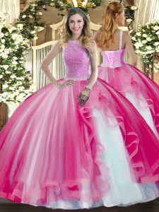 Customized High-neck Sleeveless Tulle Quince Ball Gowns Beading and Ruffles Lace Up