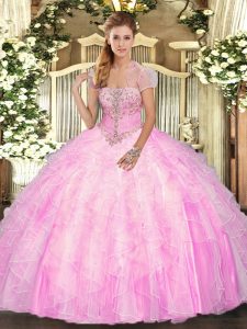 Rose Pink Tulle Lace Up Strapless Sleeveless Floor Length Quince Ball Gowns Appliques and Ruffles