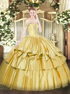 Sleeveless Floor Length Beading and Ruffled Layers Lace Up Quinceanera Gown with Gold