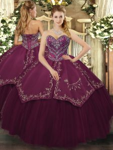 Affordable Burgundy Sweetheart Neckline Beading and Pattern Quinceanera Gowns Sleeveless Lace Up