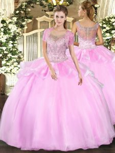 Fancy Baby Pink Ball Gowns Beading and Ruffles Quinceanera Gowns Clasp Handle Tulle Sleeveless Floor Length