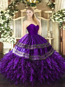 Purple Organza and Taffeta Zipper Sweet 16 Dress Sleeveless Floor Length Embroidery and Ruffles