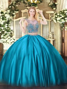 Charming Two Pieces Quinceanera Gowns Baby Blue Scoop Satin Sleeveless Floor Length Lace Up