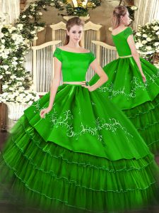Short Sleeves Embroidery and Ruffled Layers Zipper Quinceanera Gowns