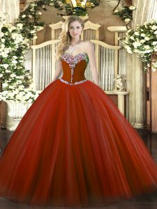 Super Rust Red Sleeveless Tulle Lace Up 15th Birthday Dress for Military Ball and Sweet 16 and Quinceanera