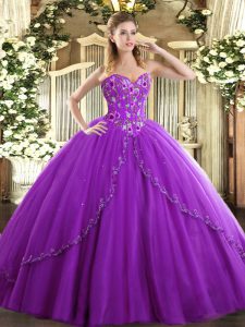 Eggplant Purple Sweet 16 Quinceanera Dress Sweet 16 and Quinceanera with Appliques and Embroidery Sweetheart Sleeveless Brush Train Lace Up