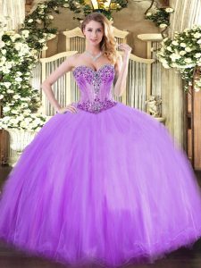 Elegant Lavender Tulle Lace Up Quinceanera Gown Sleeveless Floor Length Beading