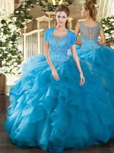 Teal Scoop Neckline Beading and Ruffled Layers 15 Quinceanera Dress Sleeveless Clasp Handle