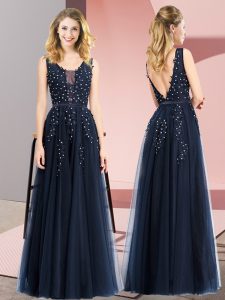 Navy Blue Tulle Backless Sleeveless Floor Length Beading and Appliques