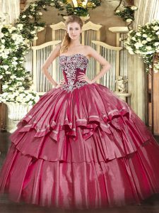 Custom Fit Ball Gowns 15 Quinceanera Dress Hot Pink Strapless Organza and Taffeta Sleeveless Floor Length Lace Up