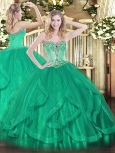 High End Sleeveless Floor Length Beading and Ruffles Lace Up 15th Birthday Dress with Turquoise