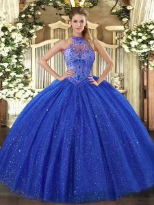 Floor Length Royal Blue Quinceanera Gowns Halter Top Sleeveless Lace Up