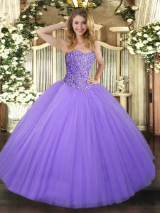 Lavender Ball Gowns Tulle Sweetheart Sleeveless Beading Floor Length Lace Up 15th Birthday Dress
